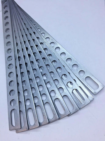 10.5" metal mounting back strap for stereo door secure bracket applications with multiple holes for easy installation.