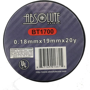 Absolute BT1700 electrical vinyl tape roll showing dimensions 0.18mm x 19mm x 20y.