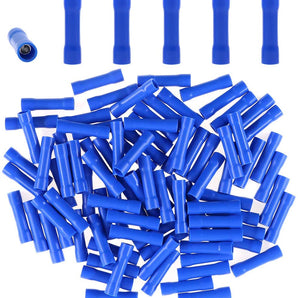 Install Bay BVBC Vinyl Butt Connector Crimping Terminals in blue, 16/14 gauge, 100 pieces, ideal for electrical wiring.
