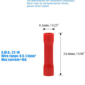 MK Audio 100 pcs red crimp terminals connectors with AWG 22-16 size specifications and current rating