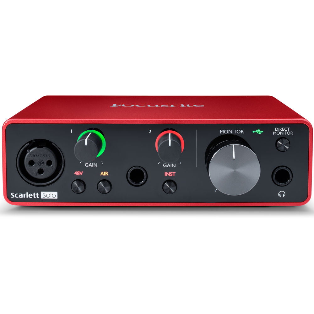 Focusrite Scarlett Solo 4rd Gen 2-In, 2-Out USB Audio Interface Bundle with Mic Stand + Pop Filter and XLR Cable