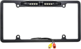 Black backup camera rear view license plate frame with LED lights and wiring connectors.