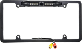 Black backup camera rear view license plate frame with LED lights and wiring connectors.