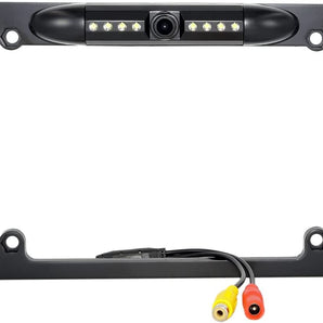 Universal license plate frame with built-in CCD waterproof camera and LED lights for enhanced visibility.