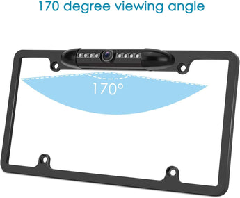 Black backup camera rear view license plate frame with LED lights and wiring connectors.