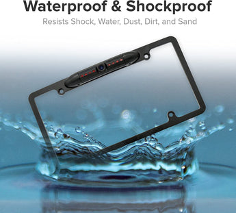 Black backup camera rear view license plate frame with LED lights and wiring connectors.