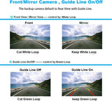 Front and mirror view images with guide line options for backup rear view camera visibility.