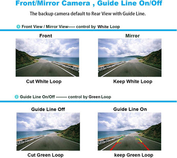 Front and mirror view images with guide line options for backup rear view camera visibility.