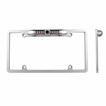 Absolute CAM2100S universal car front view camera with LED night vision and chrome frame for vehicle license plate.