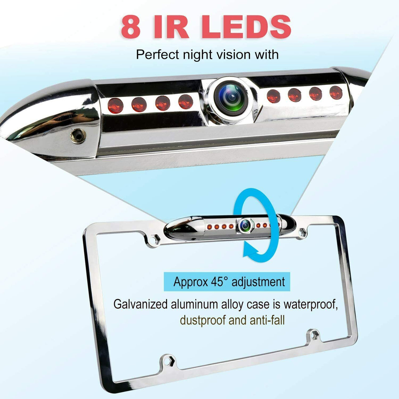 Absolute CAM2100S Chrome License Plate Frame Front Camera Night Vision Car Front View Camera with 8 Bright LEDs 170° Viewing Angle Waterproof Camera Vehicle Universal Assist Security
