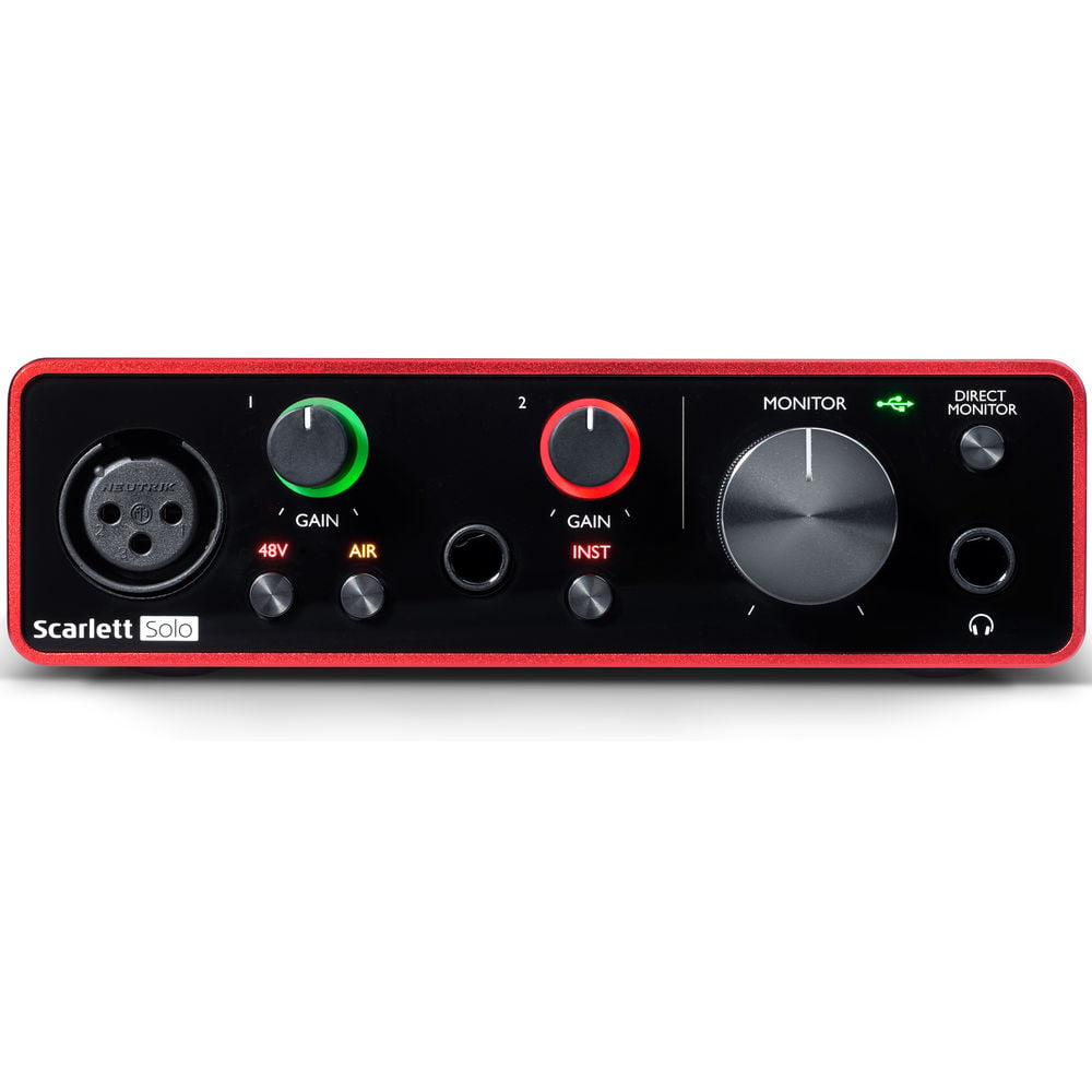 Focusrite Scarlett Solo 4rd Gen 2-In, 2-Out USB Audio Interface Bundle with Mic Stand + Pop Filter and XLR Cable