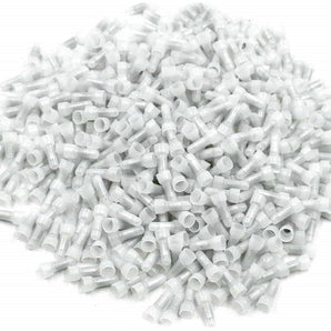 Close-up of white plastic Absolute CC16G1000 crimp caps for car audio and electronics, 16-14 gauge, 1000 pcs.