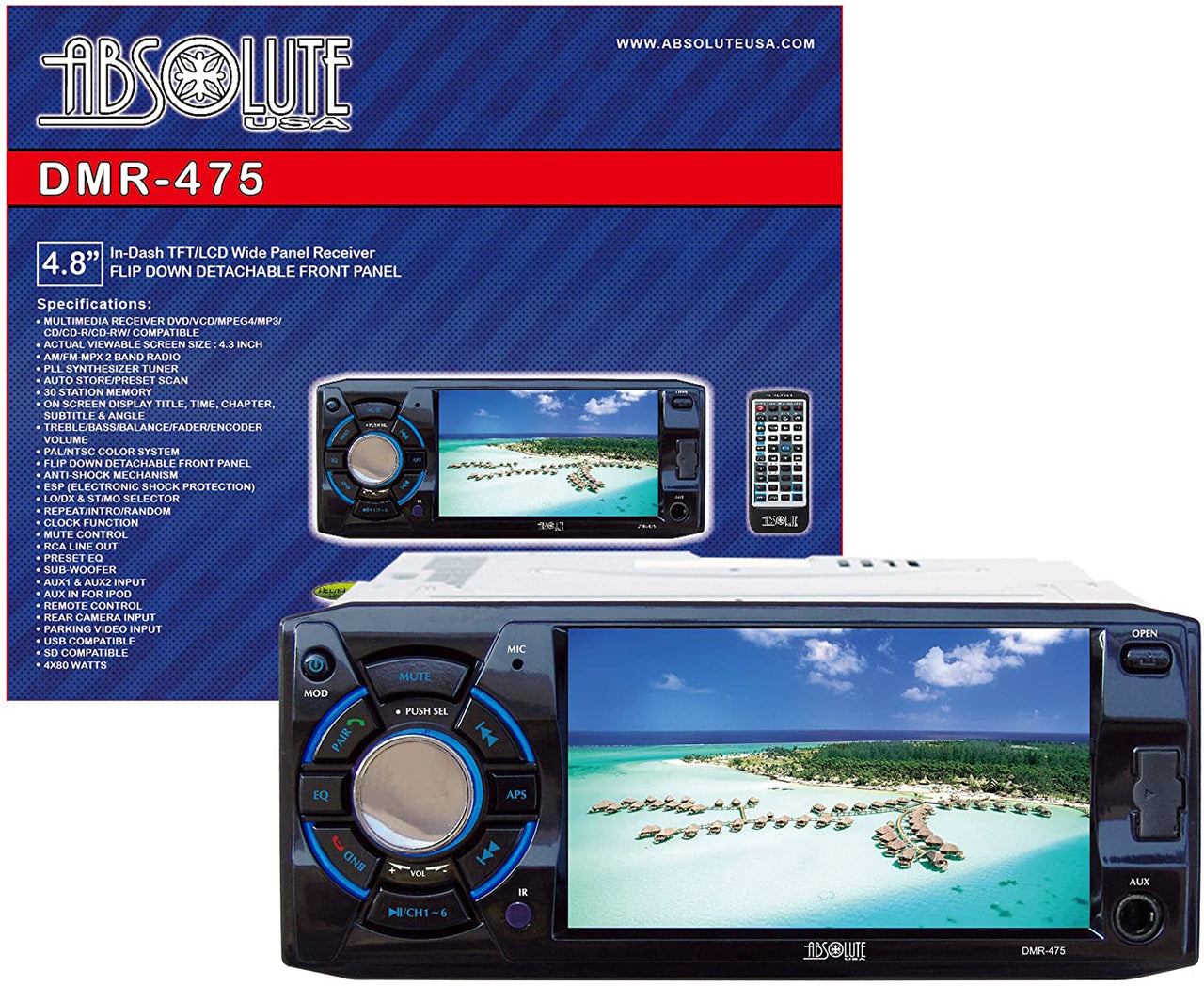 Absolute DMR475 Single Din Car Stereo 4.8" DVD/MP3/CD Radio Multimedia Player
