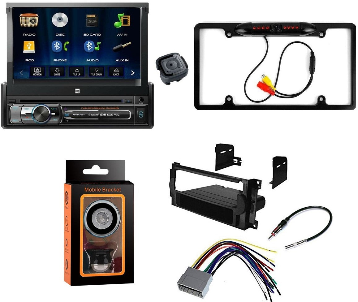 Dual XDVD176BT 7" Touchscreen Single DIN Car Stereo CAM1500B Rear Camera Magnet Phone Holder & Dash Kit for 05-07 Grand Cherokee
