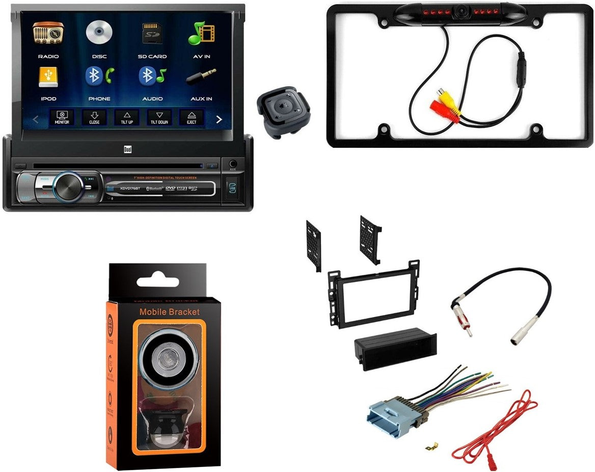 Dual XDVD176BT 7" Touchscreen Single DIN Car Stereo CAM1500B Rear Camera Magnet Phone Holder & Dash Kit for 2005-2009 Pontiac G6