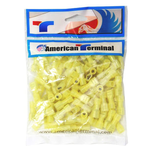 American Terminal female quick disconnects in a clear bag, featuring yellow fully-insulated connectors for reliable electrical connections.