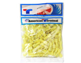 American Terminal female quick disconnects in a clear bag, featuring yellow fully-insulated connectors for reliable electrical connections.