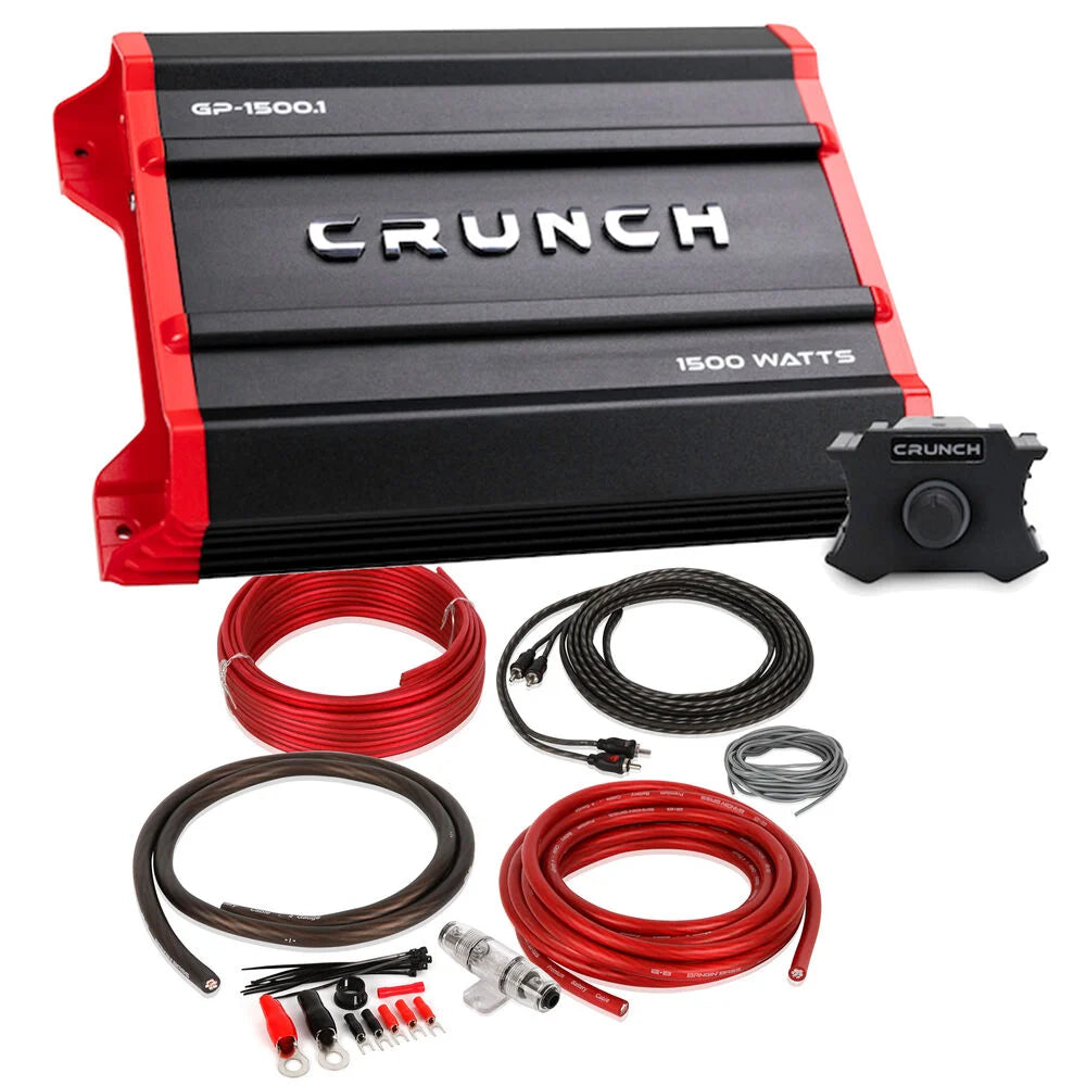 Crunch Ground Pounder GP-2500.1 2500W Max Monoblock Subwoofer Class AB 2500 Watts Car Amplifier with 8 Gauge Amp Kit