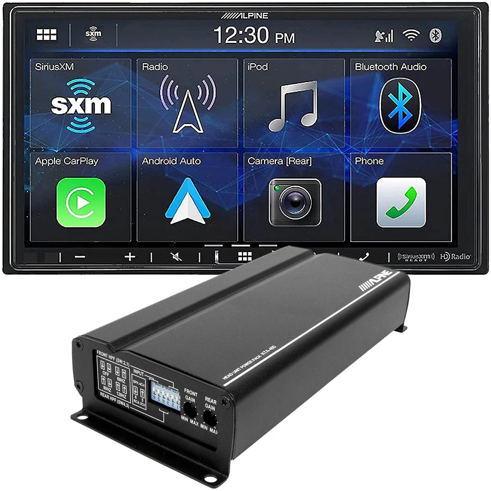 Alpine ILX-W670 + Alpine KTA-450 + CAM1800B Car Stereo Bundle 7 Inch Mechless Ultra-shallow AV System with Apple Carplay, Android Auto + 400-watt Power Pack Amplifier & Absolute CAM1800B Black License Plate Rear View Camera