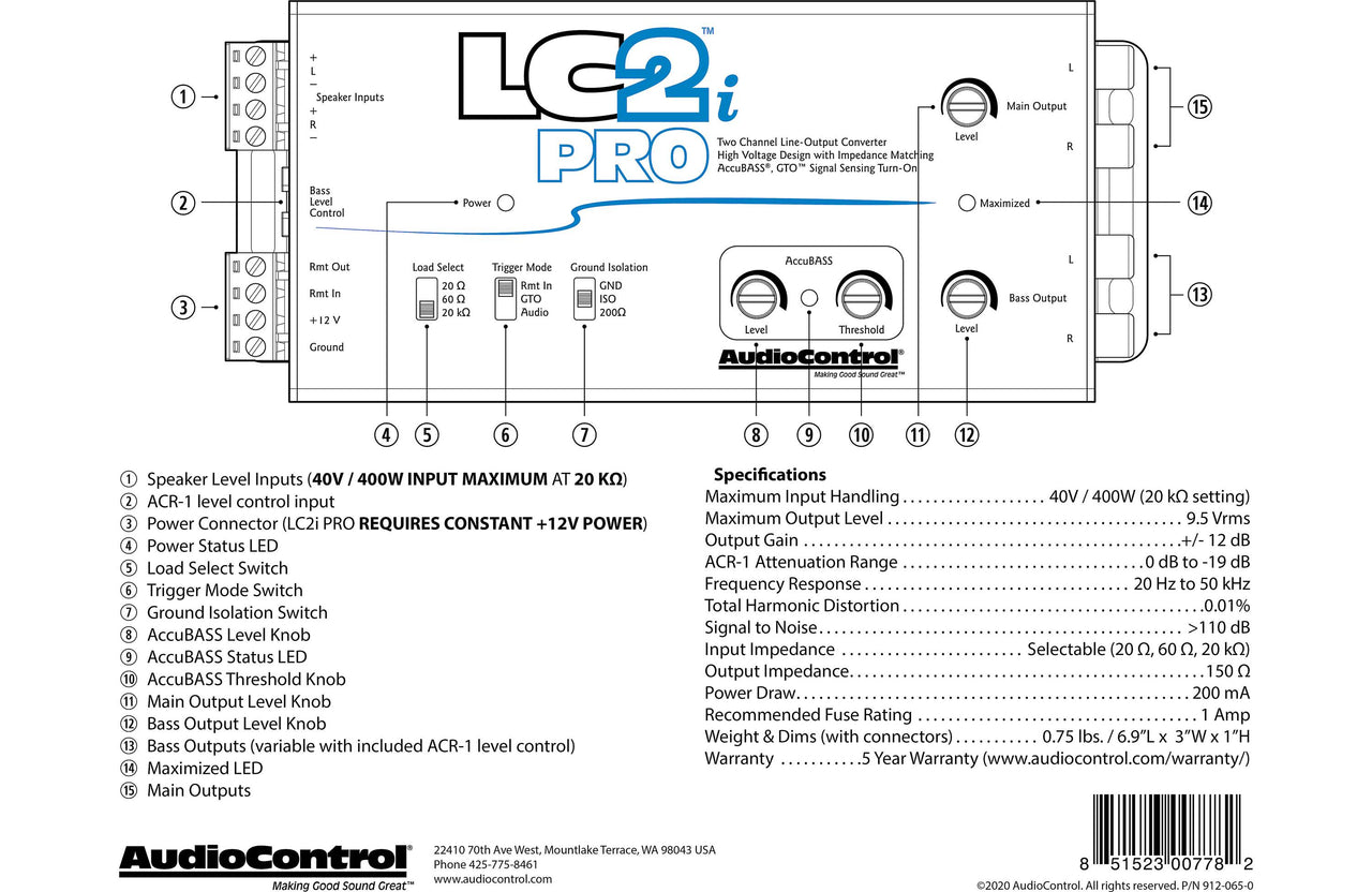 AudioControl LC2i PRO 2-channel line output converter with AccuBASS™