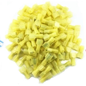 Colorful assortment of wire connectors including blue, yellow, and red fully insulated male spade connectors for quick disconnection.