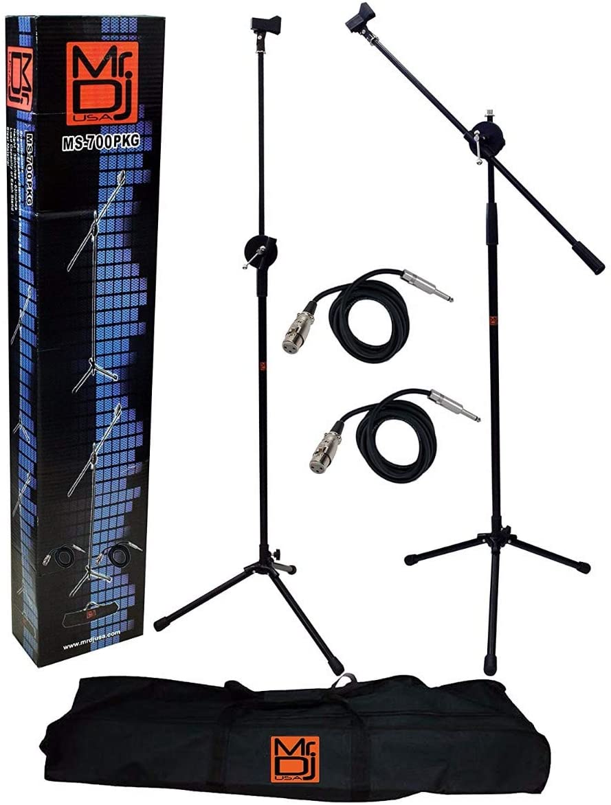 MR DJ MS700PKG 2 Microphone Stands Adjustable Boom Stage or Instrument with Mic Holder Clips & Carry Bag & 2 25' Cable