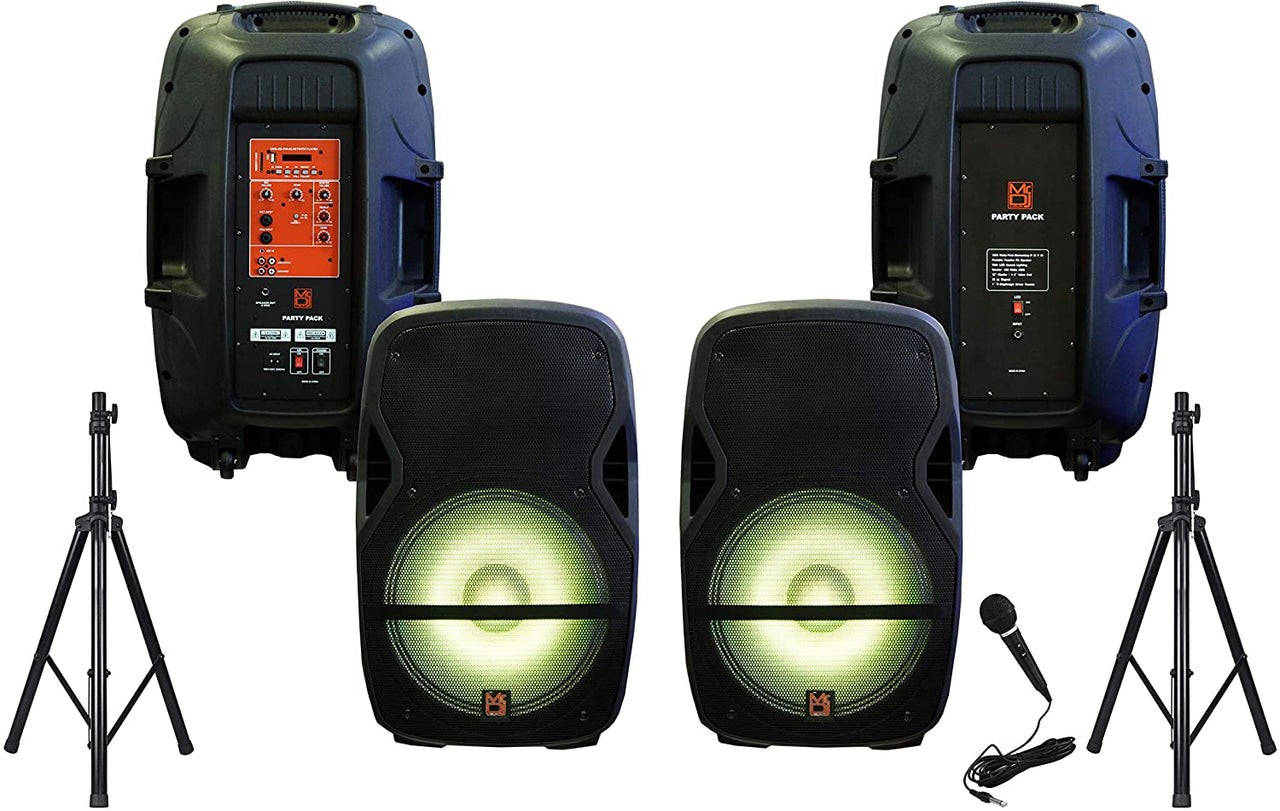Mr Dj PARTY PACK Pair 15" 4000W Powered Passive PA DJ Speakers Active Speaker Stands MIC