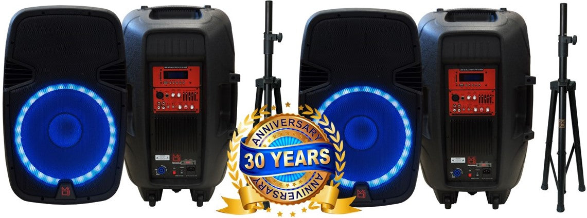 2 MR DJ PBX2690LB 15" Bluetooth Speaker + Stand 2-way 15" PA DJ 3500 Watts Active Powered Bluetooth Karaoke Speaker with LED Accent Lighting + Speaker Stand