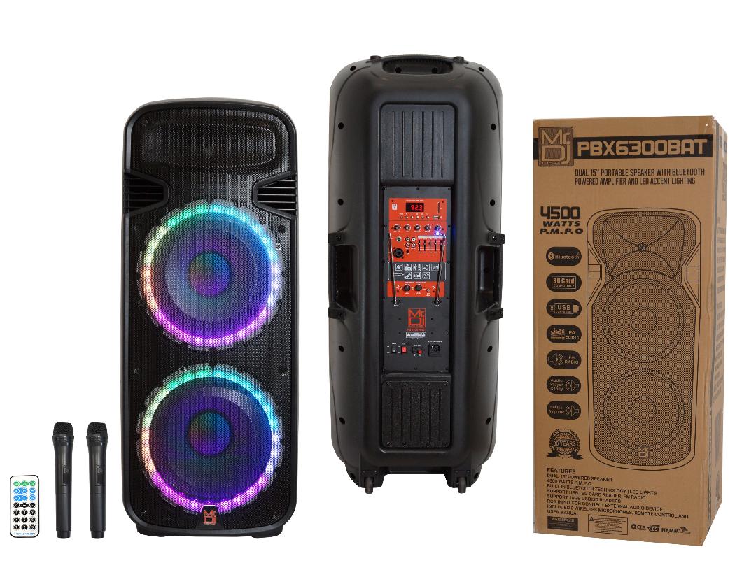 MR DJ PBX6300BAT 4500 Watts Dual 15" Rechargeable PA DJ Party Speaker Bluetooth, Light, Echo, MIC