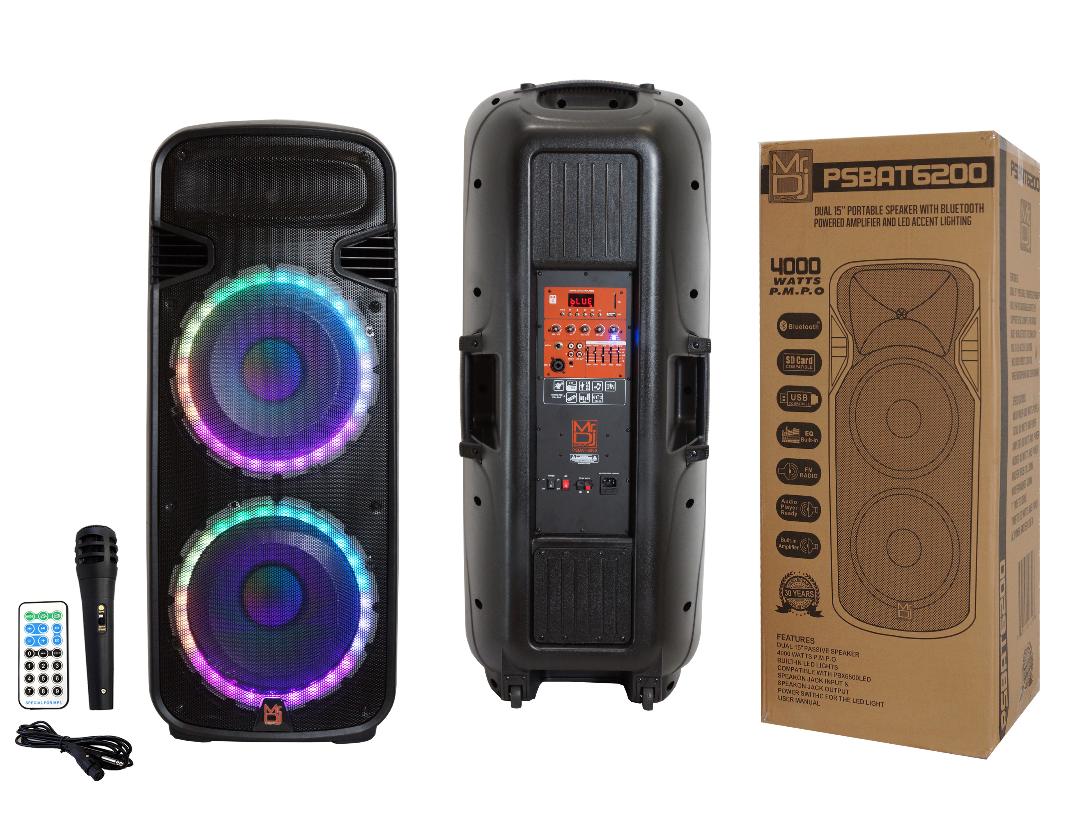Mr Dj PSBAT6200 Dual 15" Portable Rechargeable 4000W Max Powered Active PA DJ Party Speaker with Built-In Bluetooth & LED Light