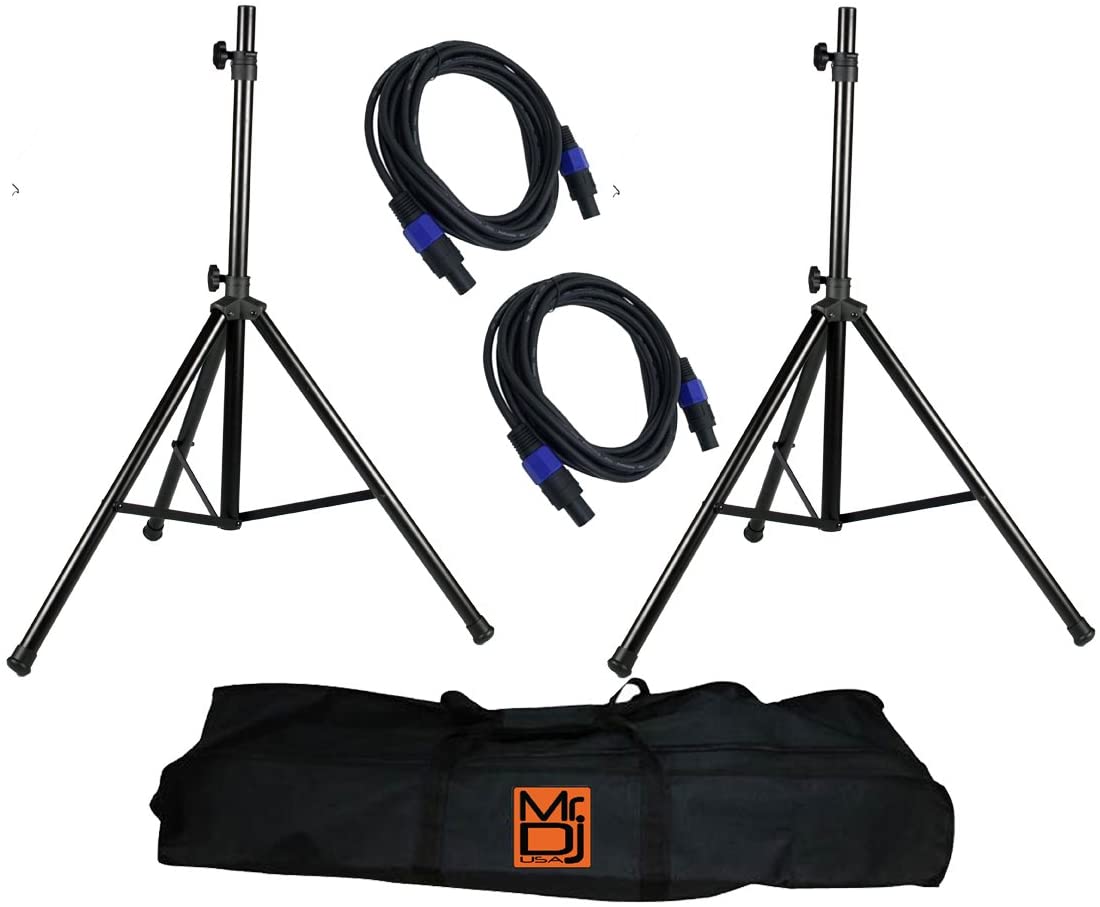 MR DJ SS850PKG Speaker Stand with Road Carrying Bag & Speakon Cable Universal Black Heavy Duty Folding Tripod PRO PA DJ Home On Stage Speaker Stand Mount Holder with Road Carrying Bag & 2 Speakon Male 25' Cable