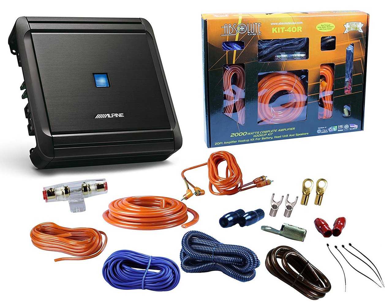 Alpine S-A60M 500W V-Power Series Class D Monoblock Digital Amplifier  + Absolute KIT4 4 Gauge Complete Amplifier Kit