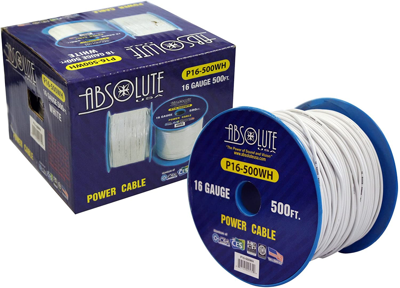 Absolute USA P16-500WH 16 Gauge 500-Feet Spool Primary Power Wire Cable (White)