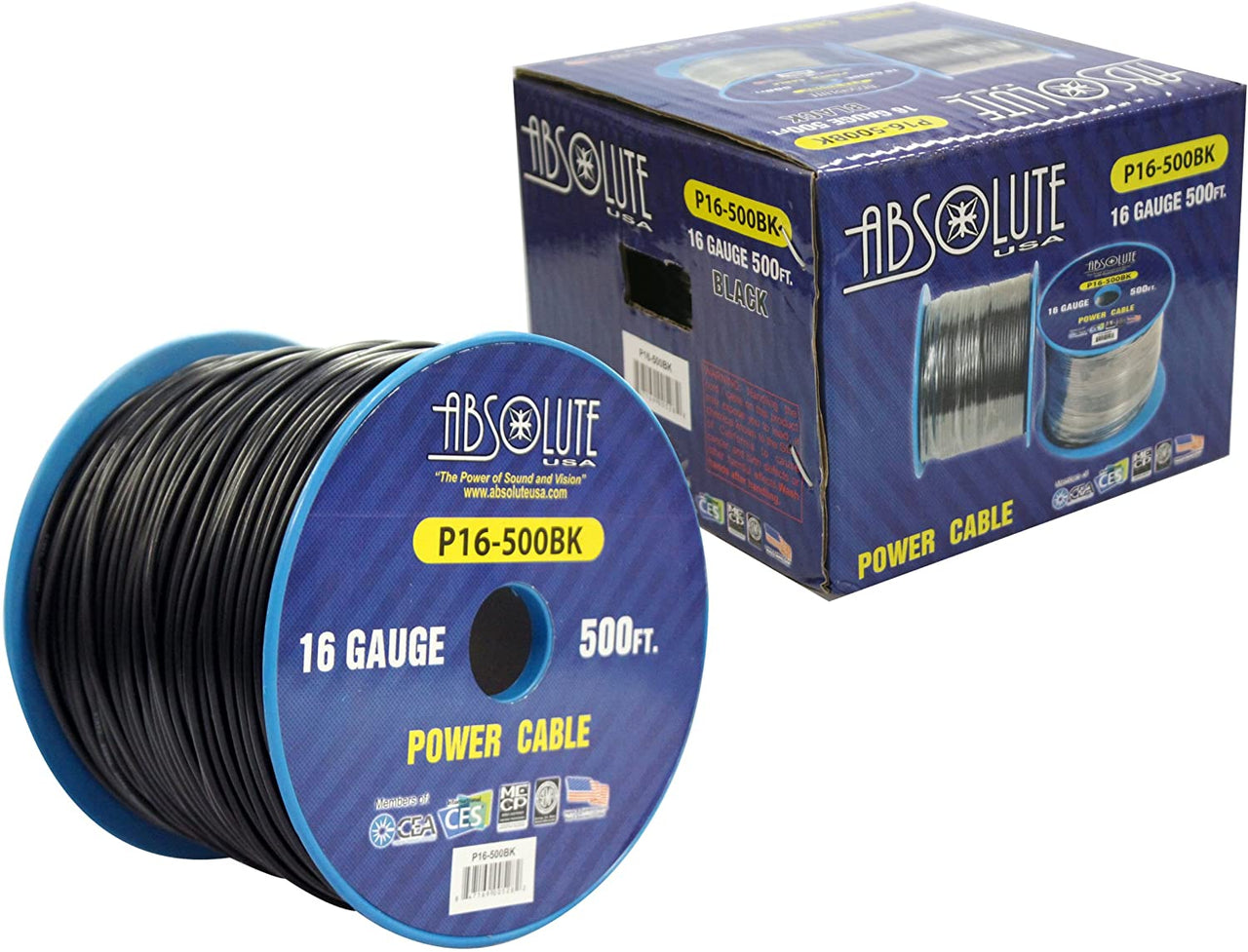 Absolute USA P16-500BK 16 Gauge 500-Feet Spool Primary Power Wire Cable (Black)