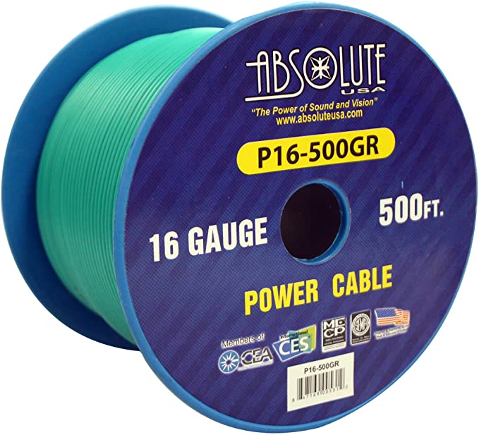 Absolute USA P16-500GR 16 Gauge 500-Feet Spool Primary Power Wire Cable (Green)