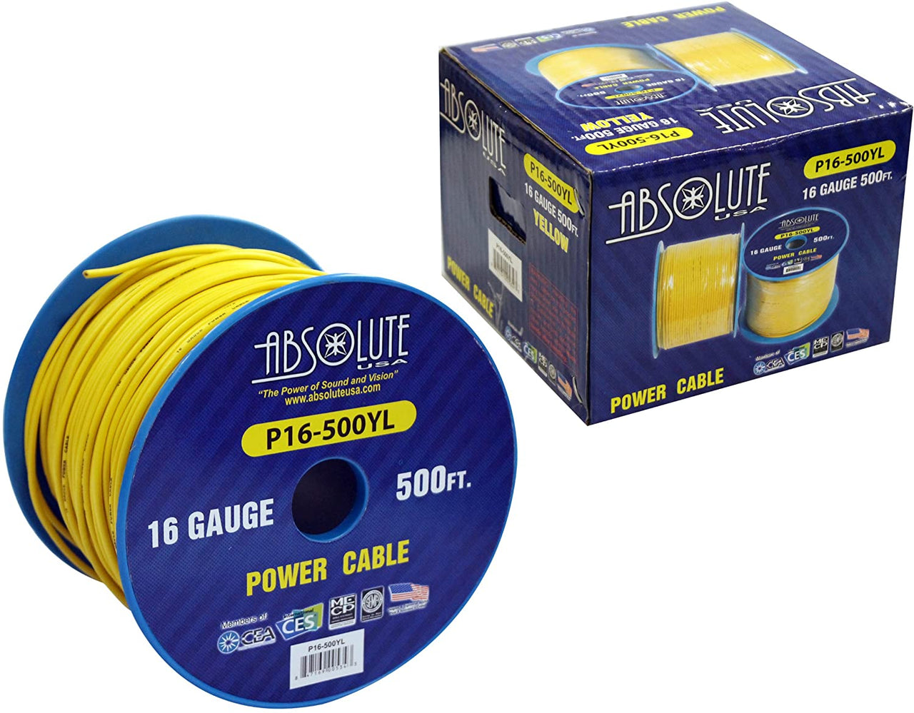 Absolute USA P16-500YE 16 Gauge 500-Feet Spool Primary Power Wire Cable (Yellow)