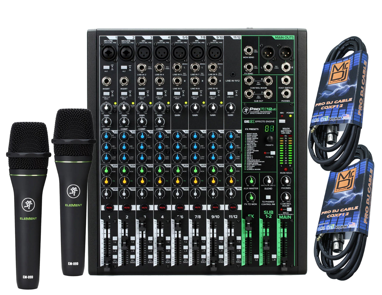 Mackie ProFX12v3 12-Channel Mixer with Built-in Effects and USB +2 Mackie EM-89D Cardioid Dynamic Vocal Microphone+Free Microphone Cables