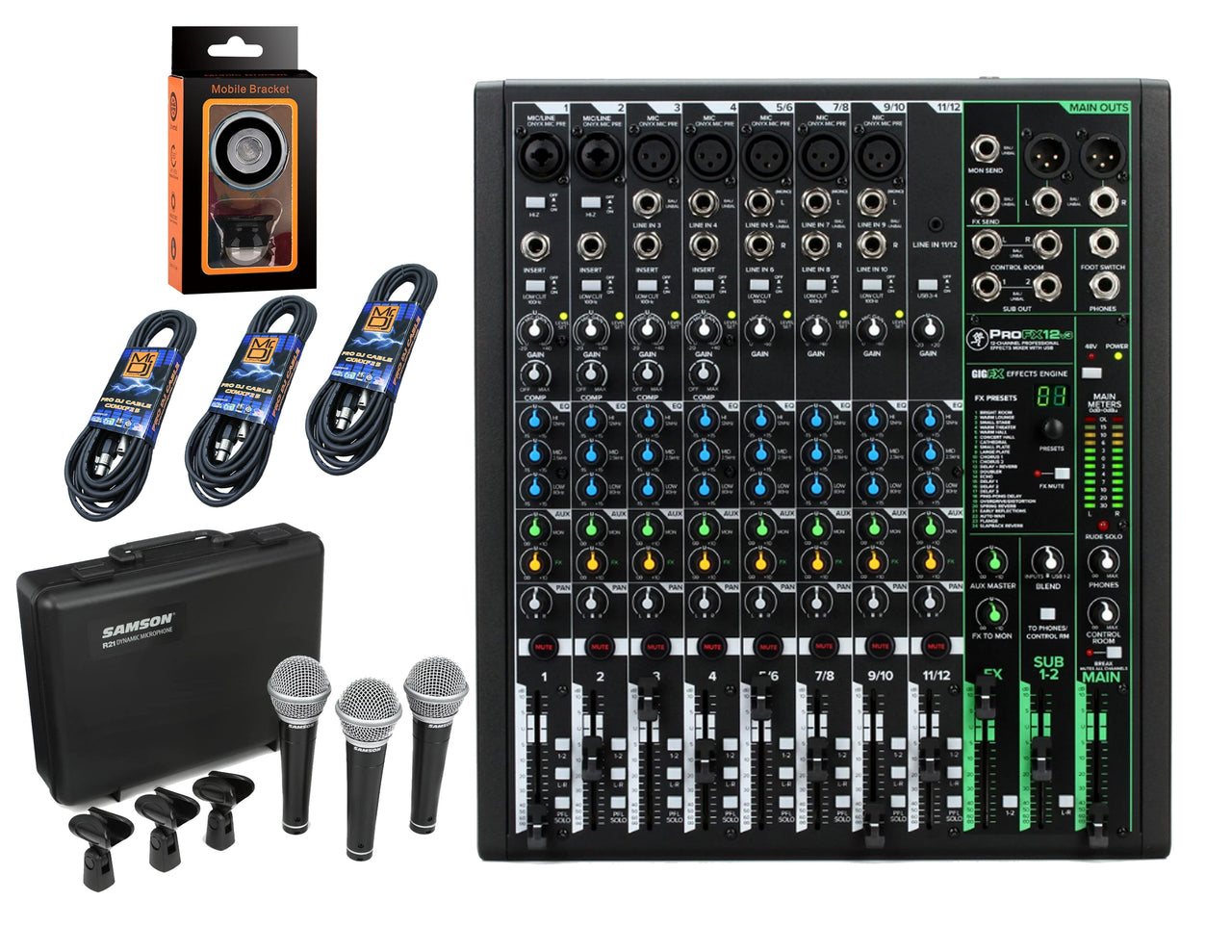 Mackie ProFX12v3 12-Channel Mixer with Built-in Effects and USB + RS21 3 Pack Microphones +3 XLR Cables+free Absolute Phone Holder