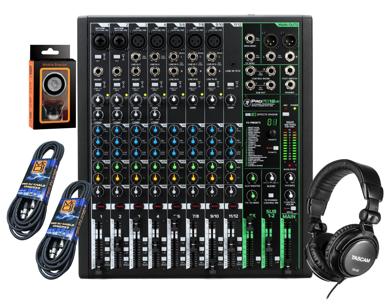 Mackie ProFX12v3 12-Channel Mixer with Built-in Effects and USB + Pro TH02 Headphone with Pair of XLR Cable+free Absolute Phone Holder