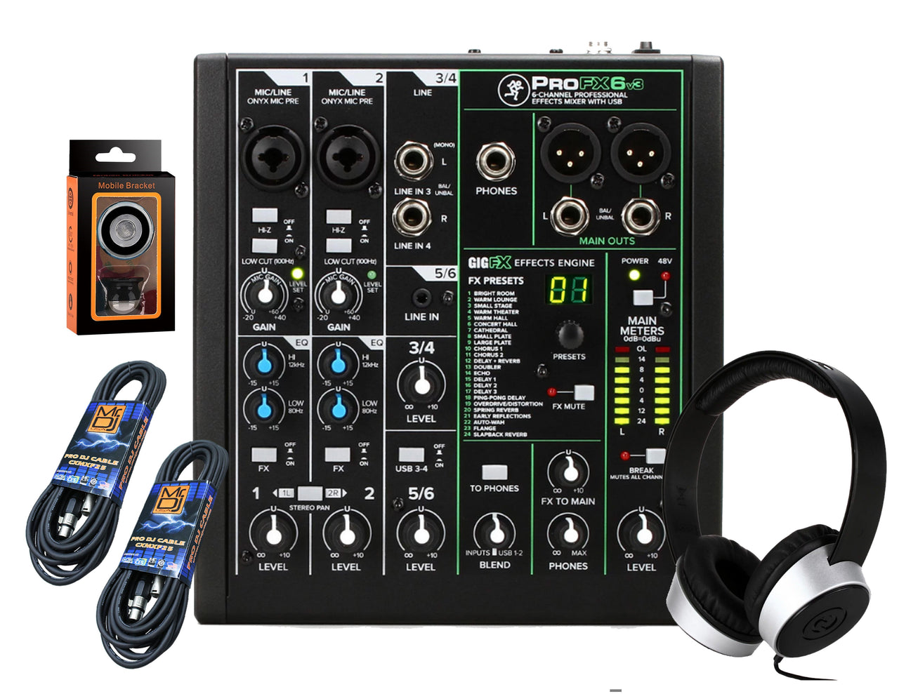 Mackie ProFX6v3 6-Channel Mixer with Built-in Effects and USB + SR450 Headphone with Pair of XLR Cable+free Absolute Phone Holder