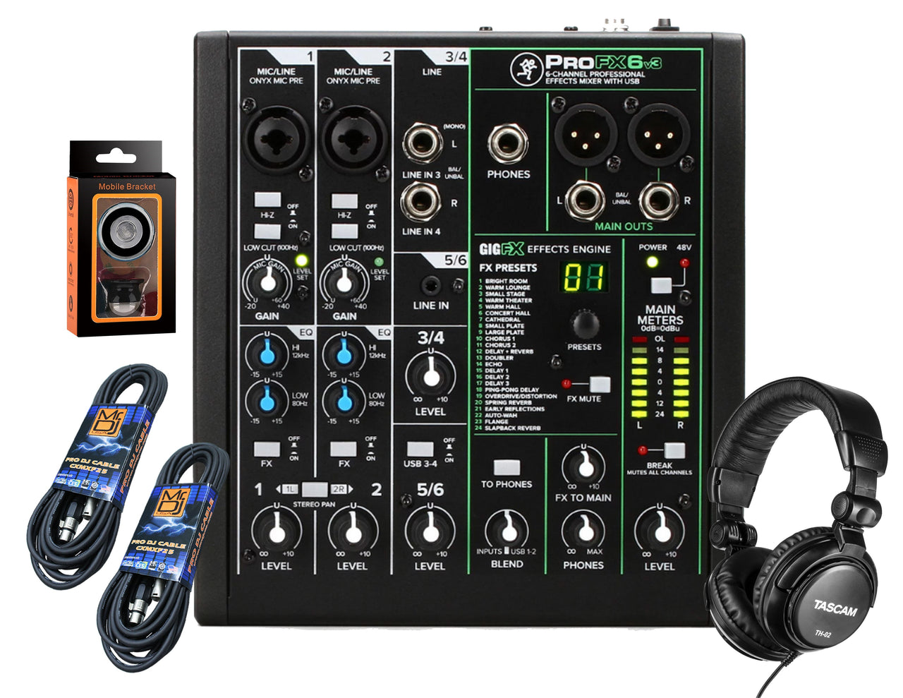 Mackie ProFX6v3 6-Channel Mixer with Built-in Effects and USB + Pro TH02 Headphone with Pair of XLR Cable+free Absolute Phone Holder