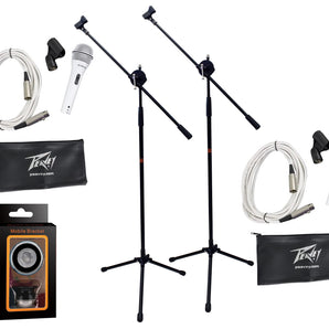 2 Peavey Pvi2 White Microphone w/Mic Clip & Carrying Bag + Microphone Stand Series + 20 Feet XLR to XLR White Cable