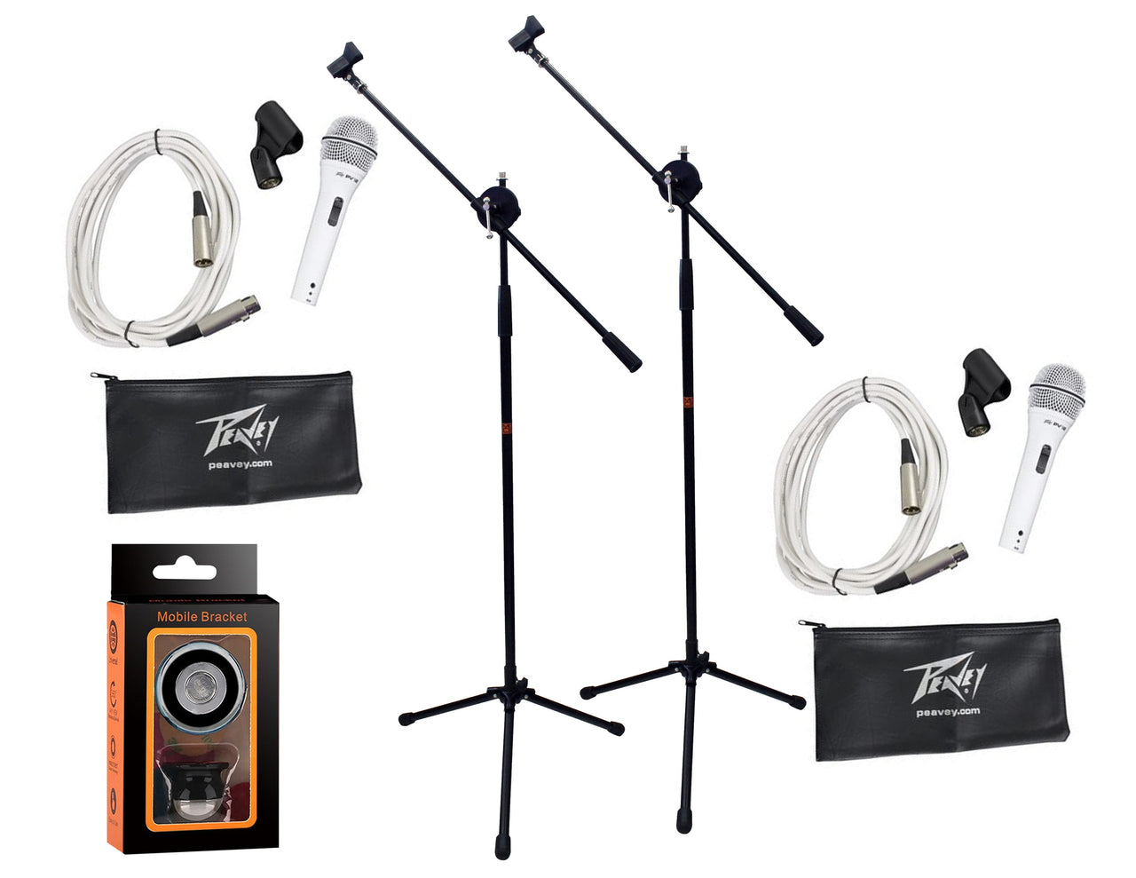 (2) Peavey Pvi2 White Microphone w/Mic Clip & Carrying Bag + (2) Mr. Dj Microphone Stand Series + (2) 20 Feet XLR to XLR White Cable