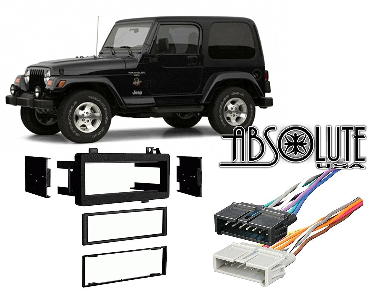Absolute USA ABS99-6501 Compatible with Jeep Wrangler 1997 1998 1999 2000 2001 2002 Single DIN Stereo Harness Radio Install Dash Kit Package