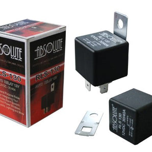 Absolute RLS-130 automotive relay metal bracket 12 VDC 30/40A with packaging and product details.