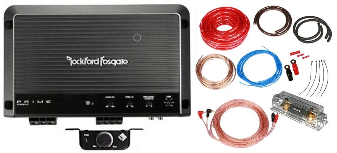 Rockford Fosgate R1200-1D Prime 1200 Watts Class D 1-Channel Amp + Complete 0 Gauge Amp Kit