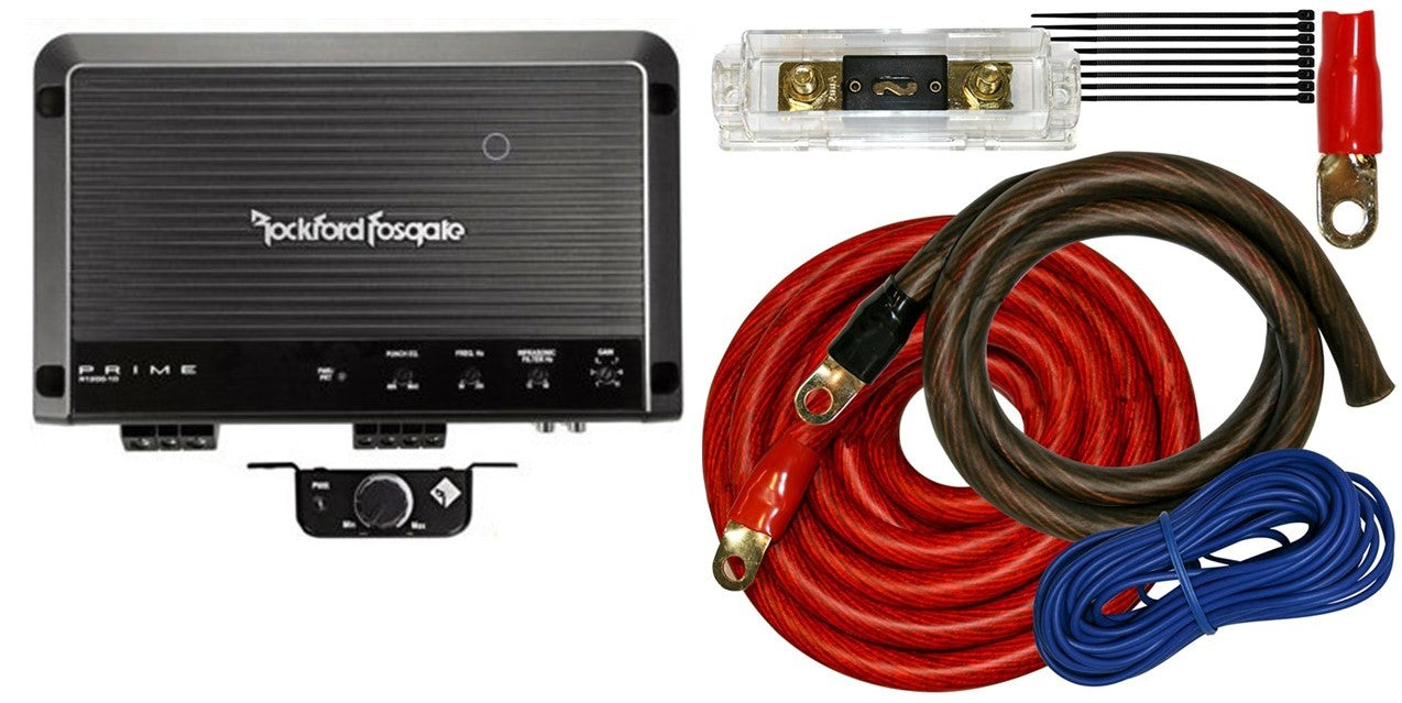 Rockford Fosgate R1200-1D Prime 1200 Watts Class D 1-Channel Amp + KIT0 0 Gauge Amp Kit