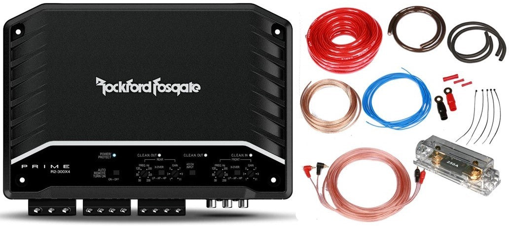 Rockford Fosgate R2-300X4 Prime Series 300 Watts 4-Channel Class D Amplifier + 0 Gauge Amp Kit