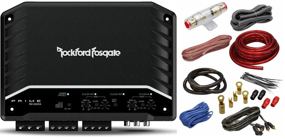 Rockford Fosgate R2-300X4 Prime Series 300 Watts 4-Channel Class D Amplifier + 4G Amp Kit