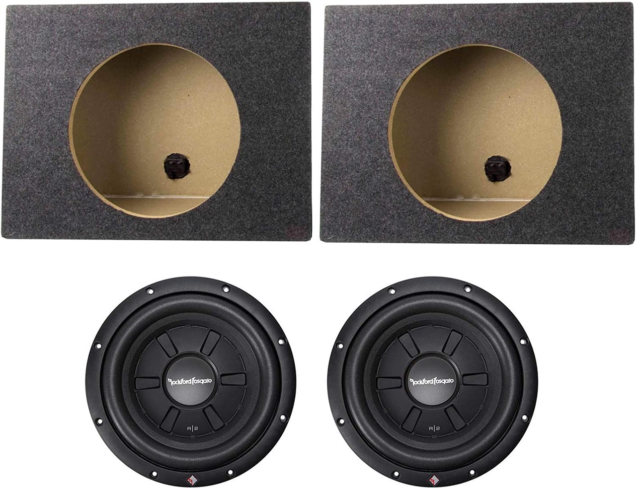 2 Rockford Fosgate Prime R2SD2-12 + 2 Single Sealed Boxes  500W Max 12" shallow mount dual 2-ohm voice coils subwoofer + 2 Single Sealed Boxes